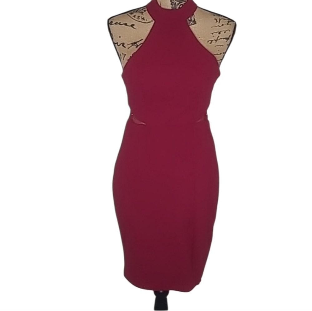 My Michelle Burgundy Halter Mesh Side Cutout Dress